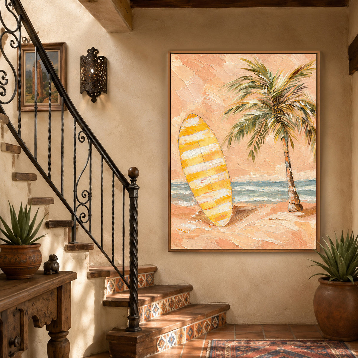 Tropical Surfboard Wall Art, Peach Beach Oil Painting, Palm Tree Textured Canvas