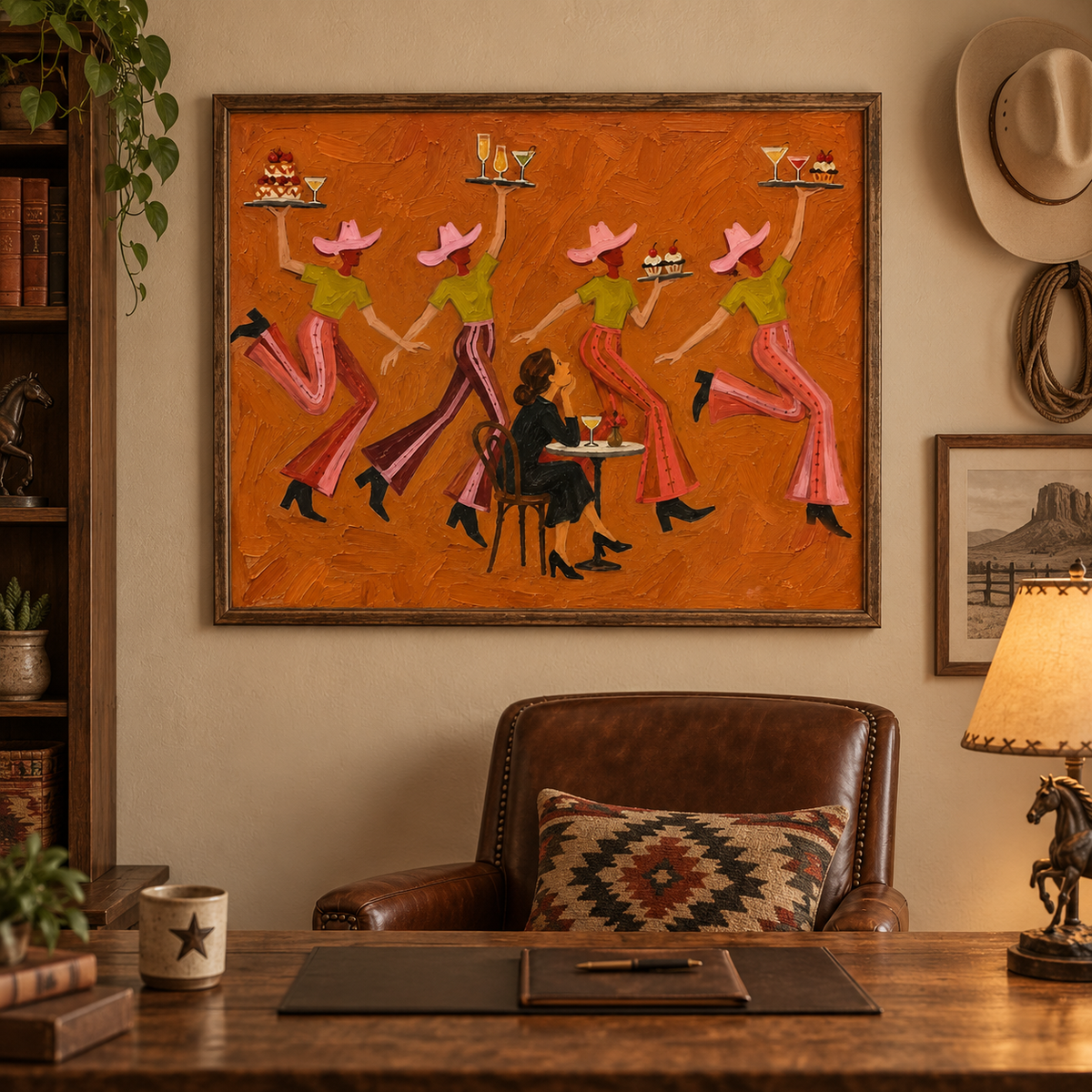 Narrative Western Cafe Canvas Art, Whimsical Cowgirl Dancing Canvas Painting, Retro Diner Wall Decor,