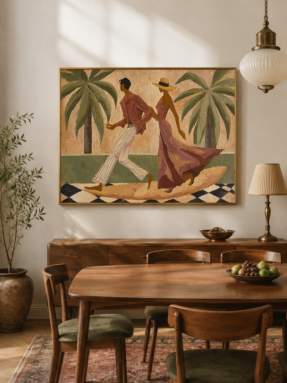 Dancing Couple Canvas Painting With Tropical Palms And Olive Green Tones