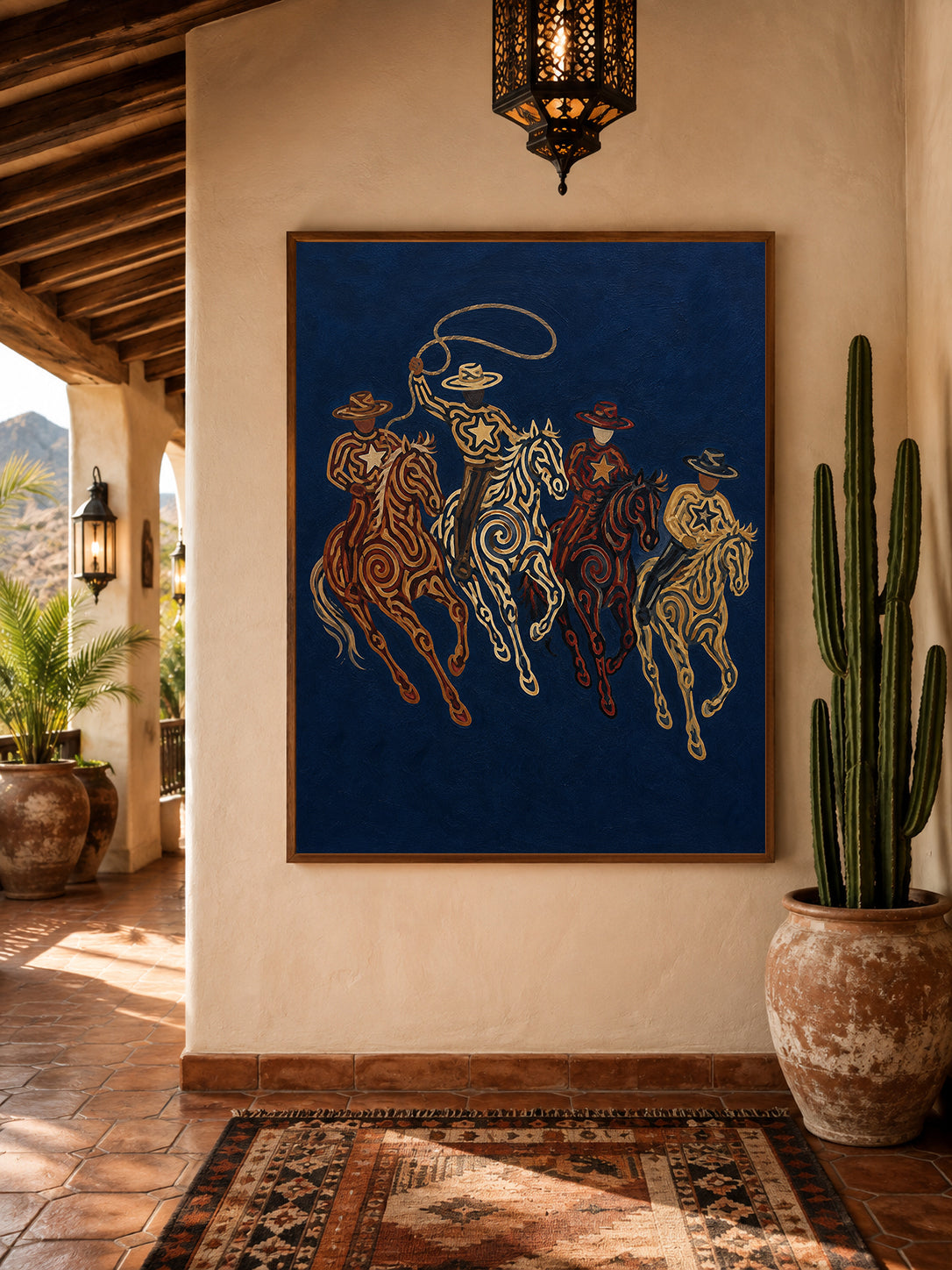 Navy Western Cowboy Oil Painting, Lasso Horse Wall Art, Southwestern Rodeo Hand Painted Decor