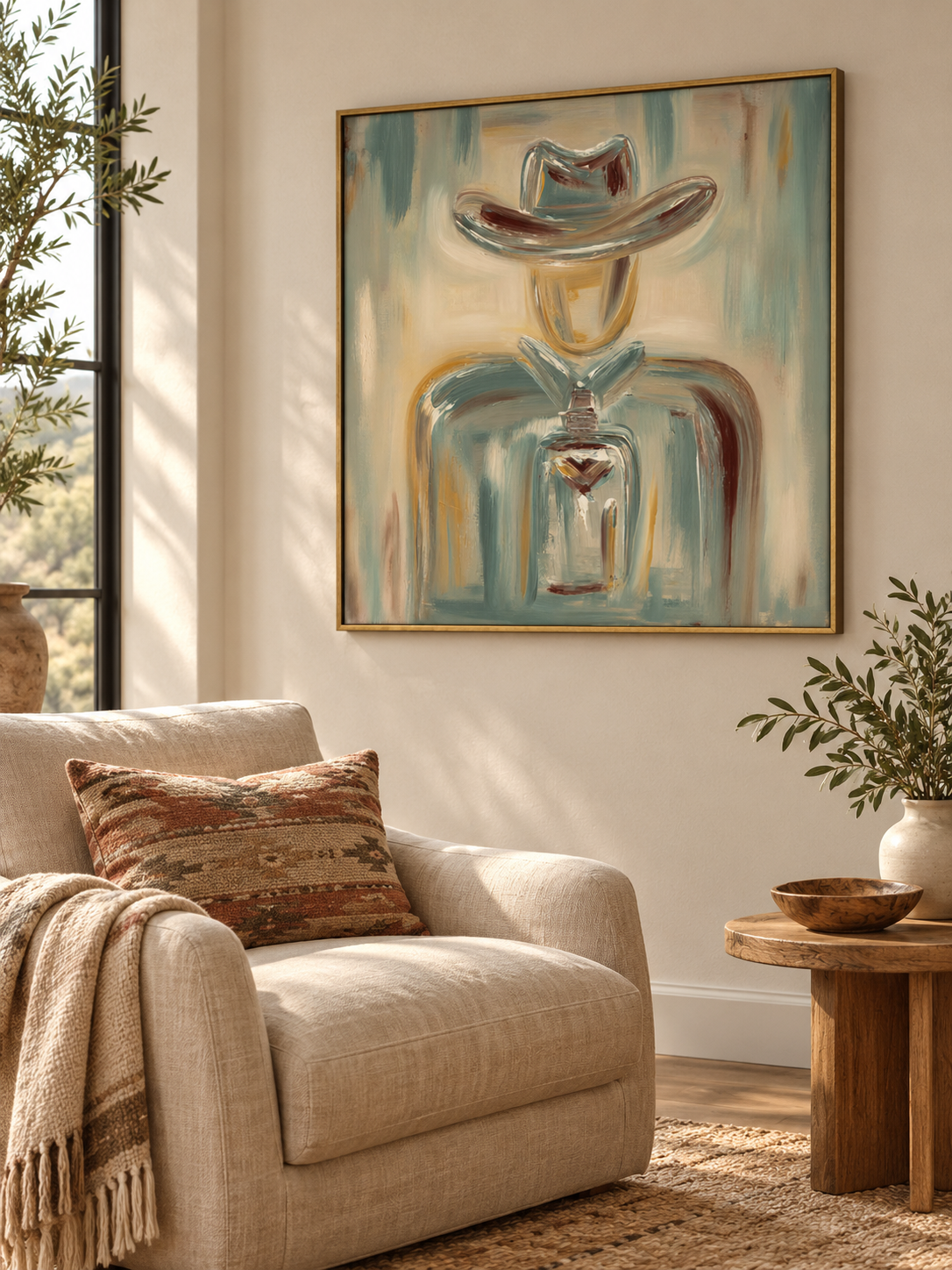 Abstract Cowboy Canvas Art, Terracotta Western Wall Decor,Neutral Rustic Artwork