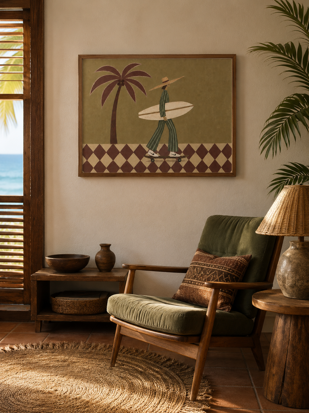 Retro Surf Art With Palm Tree And Skateboard For Modern Living Room Wall Decor
