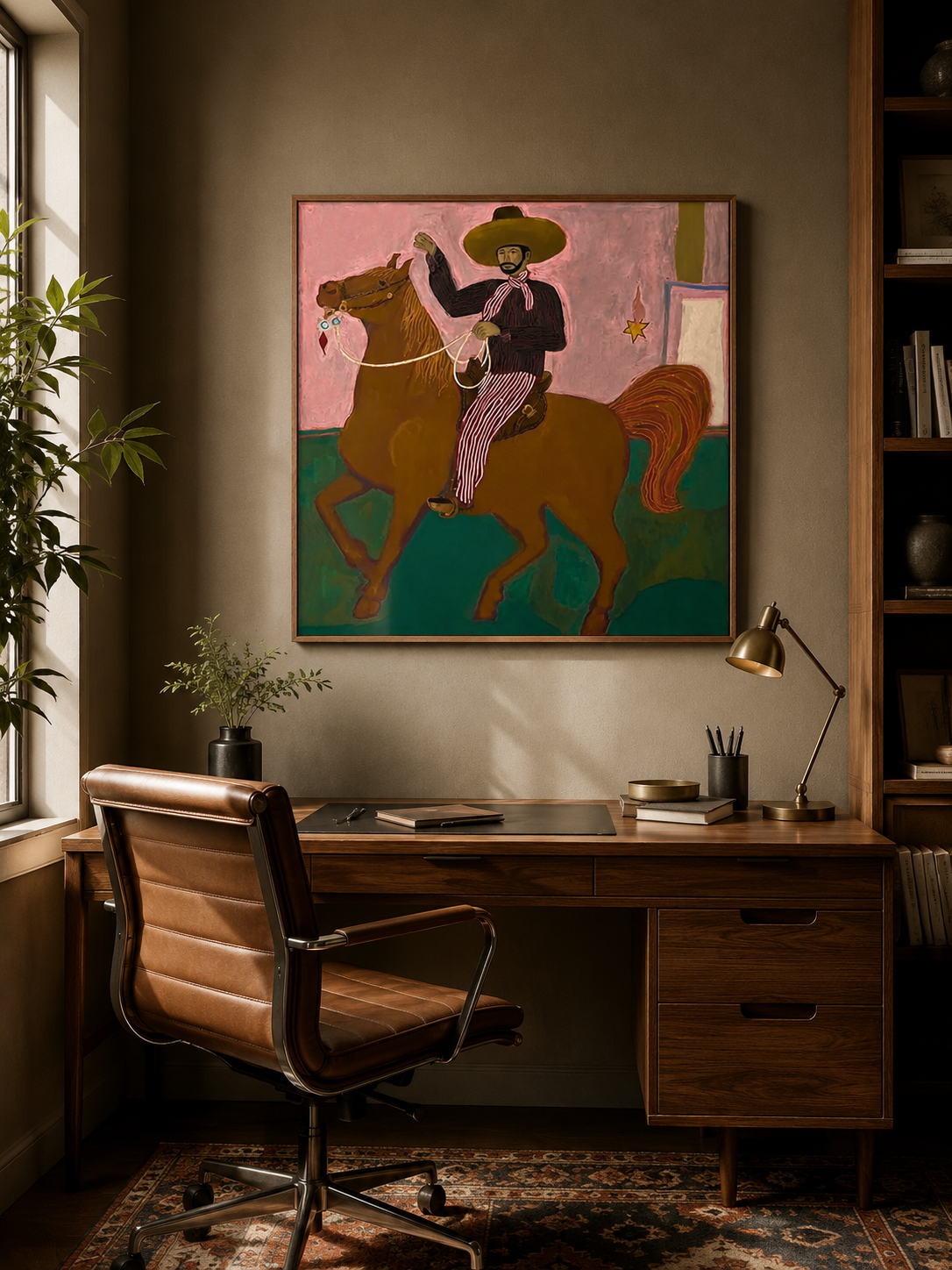 Vintage Southwestern Cowboy Horse Painting Original Folk Art Canvas For Living Room Decor
