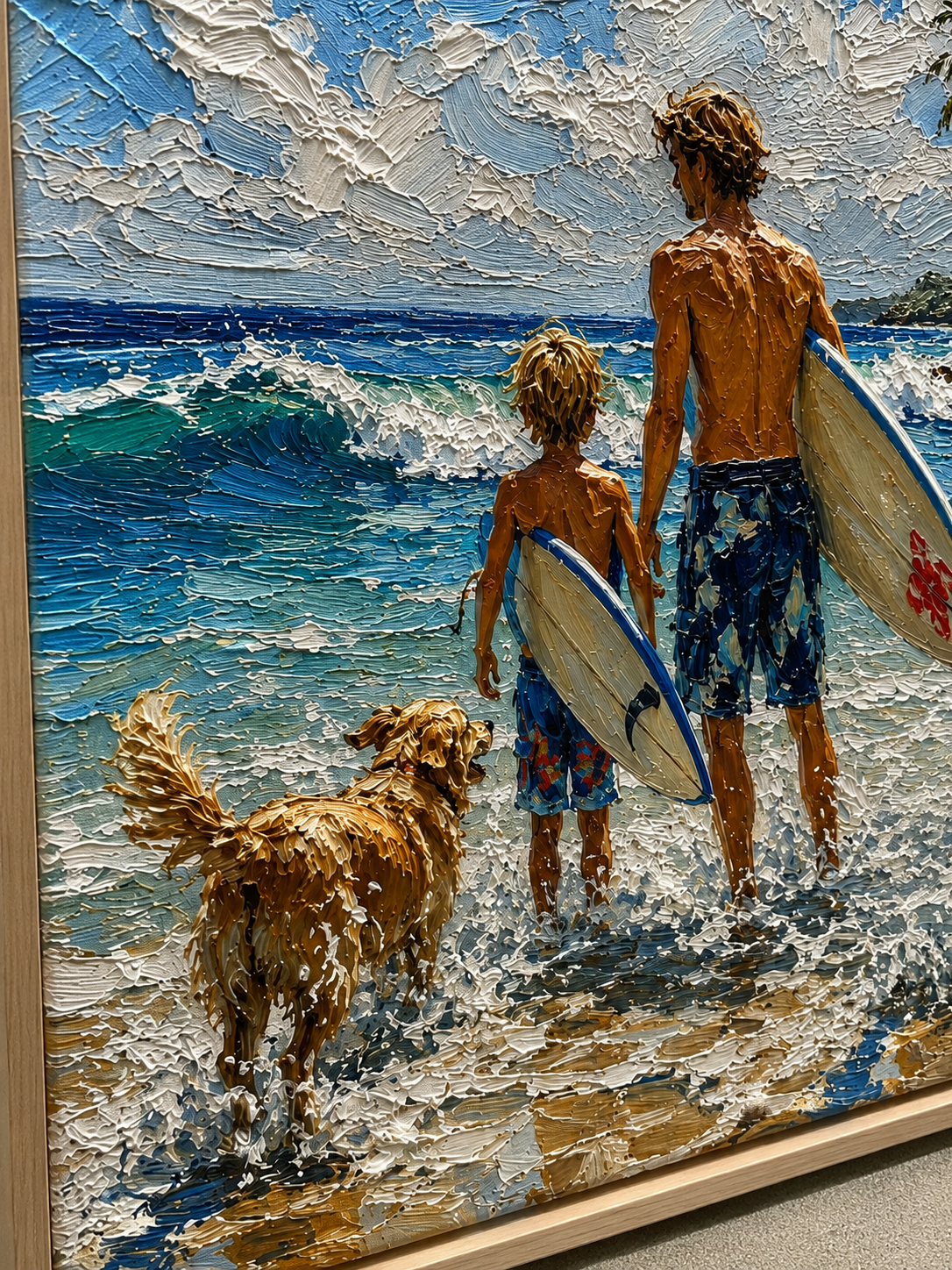 Coastal Vacation Wall Art Father Son Surfing Oil Painting With Dogs For Beach House Decor