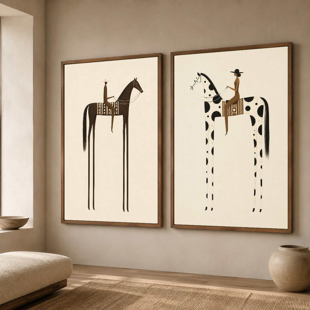 Modern Minimalist Horse Painting Set Beige And Brown Abstract Animal Art For Living Room
