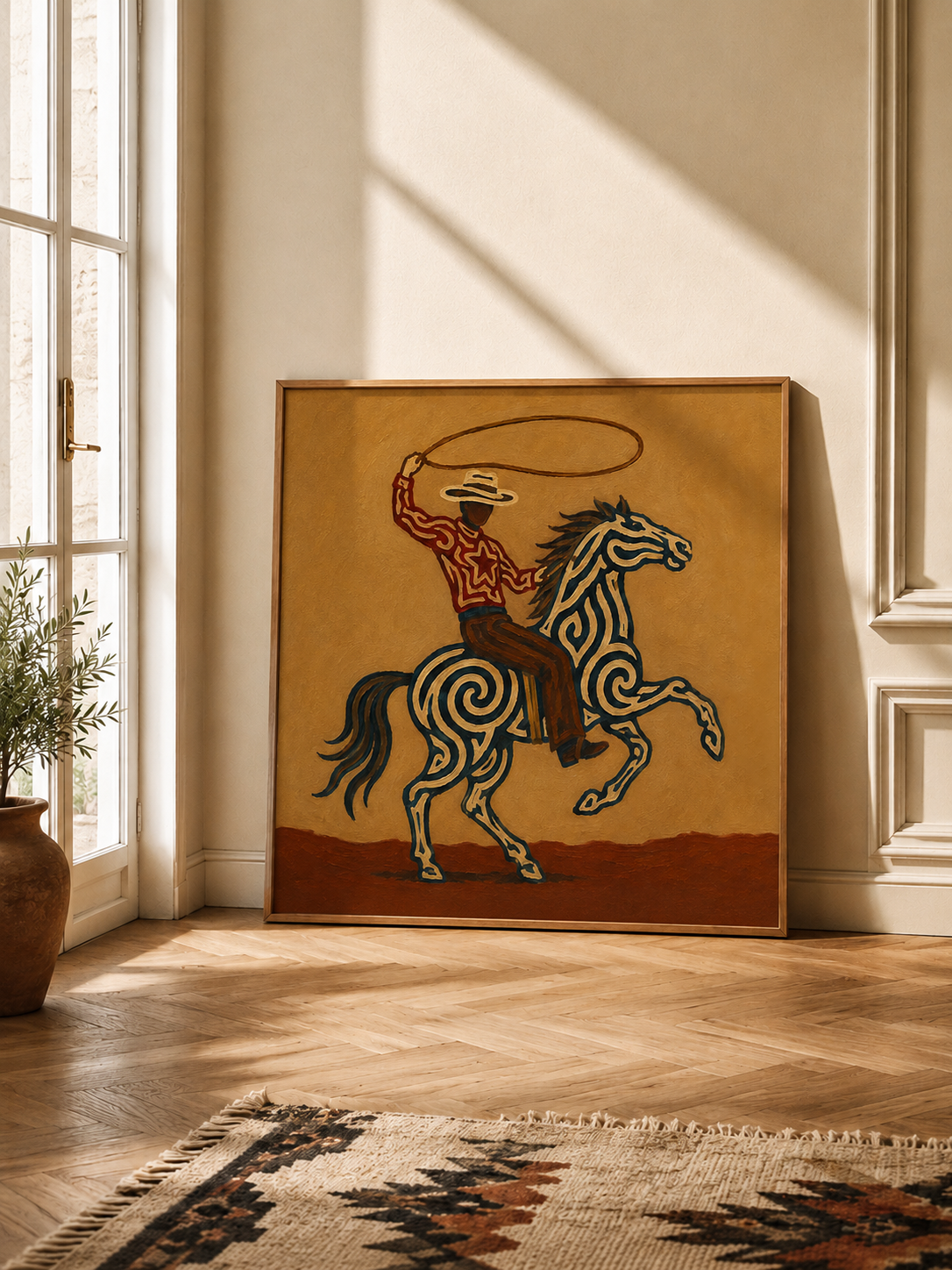 Cowboy Lasso Horse Art , Roping Horse Western Painting, Cowboy Throwing Lasso Wall Decor, Dynamic Rodeo Canvas Art