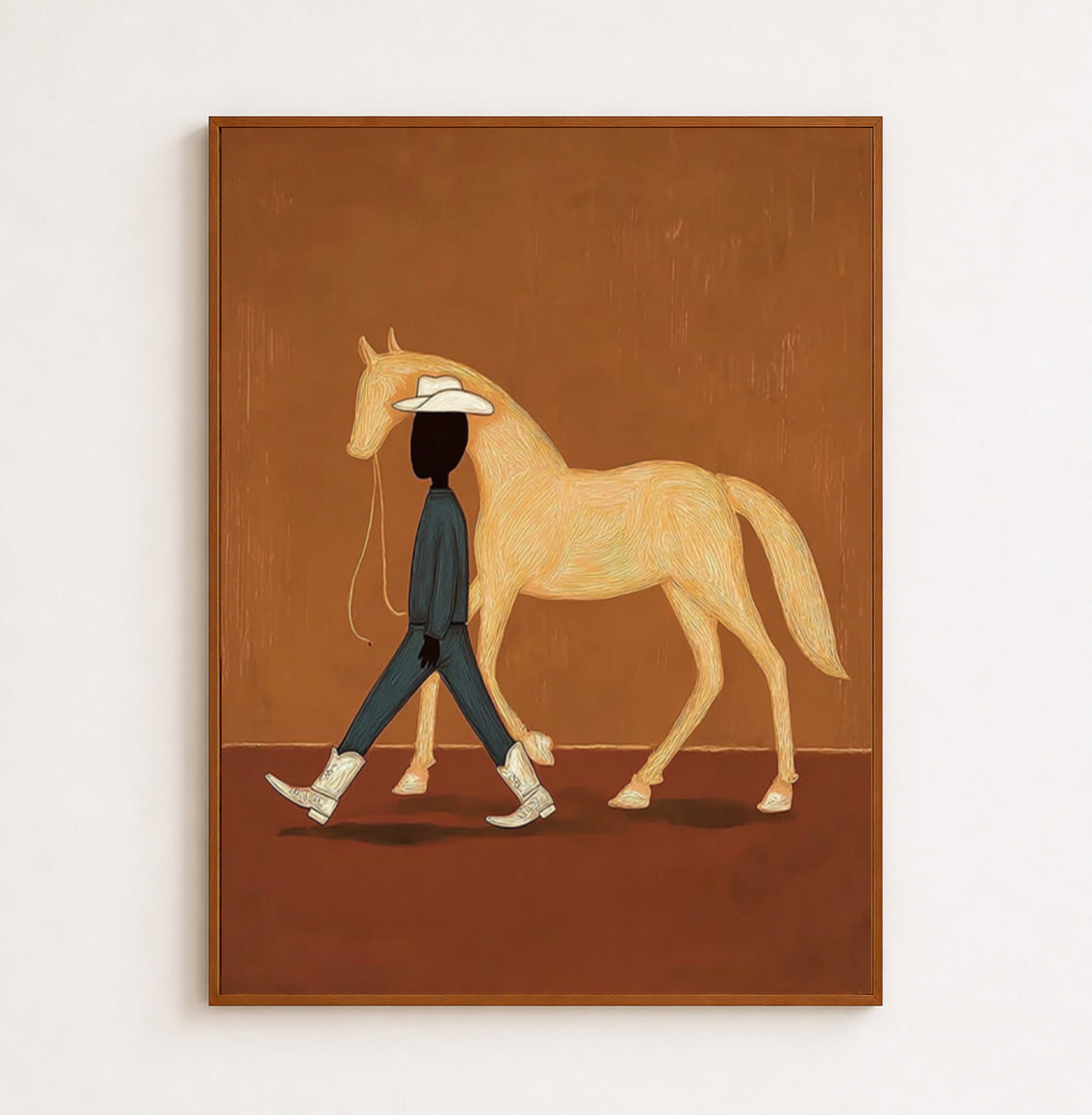 Minimalist Cowboy And Horse Painting Abstract Textured Wall Art For Modern Home Decor