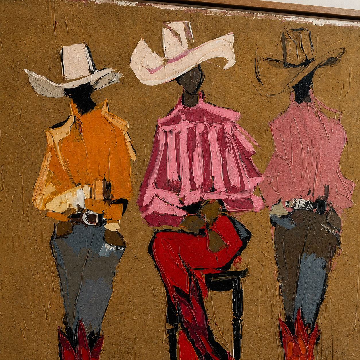 Three Cowgirls Figure Painting Retro Western Art With Textured Brushstrokes For Home Wall