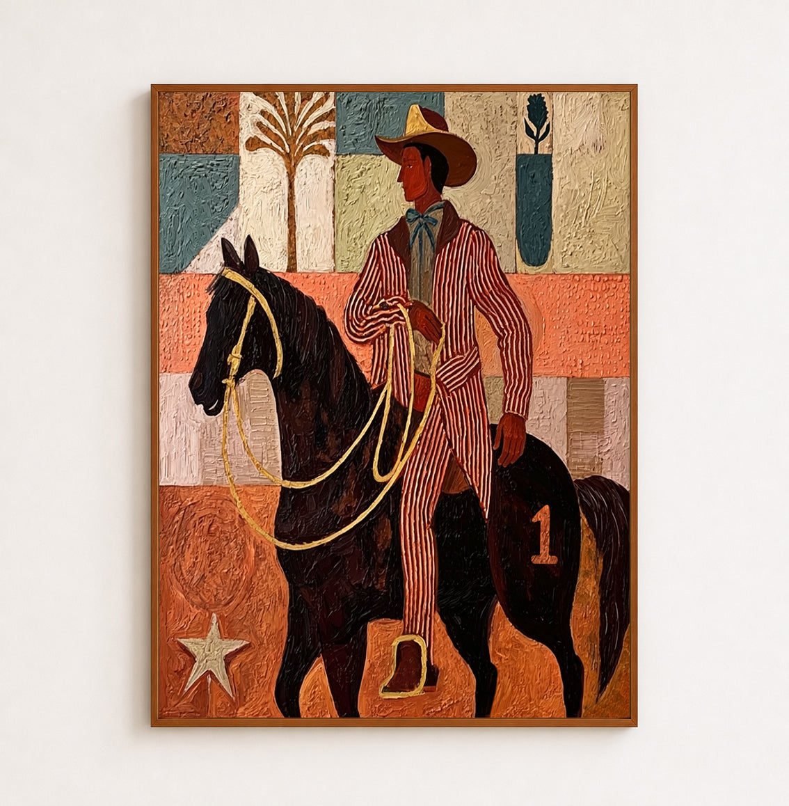 Vintage Cowboy Painting On Horse With Textured Canvas For Western Home Decor