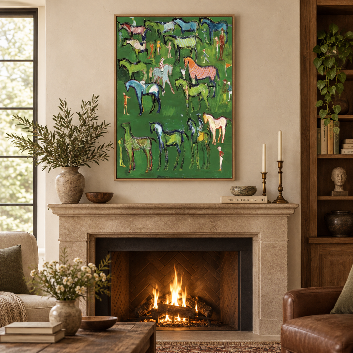 Hand-Painted Folk Horse Painting With Colorful Horses On Green Canvas Art