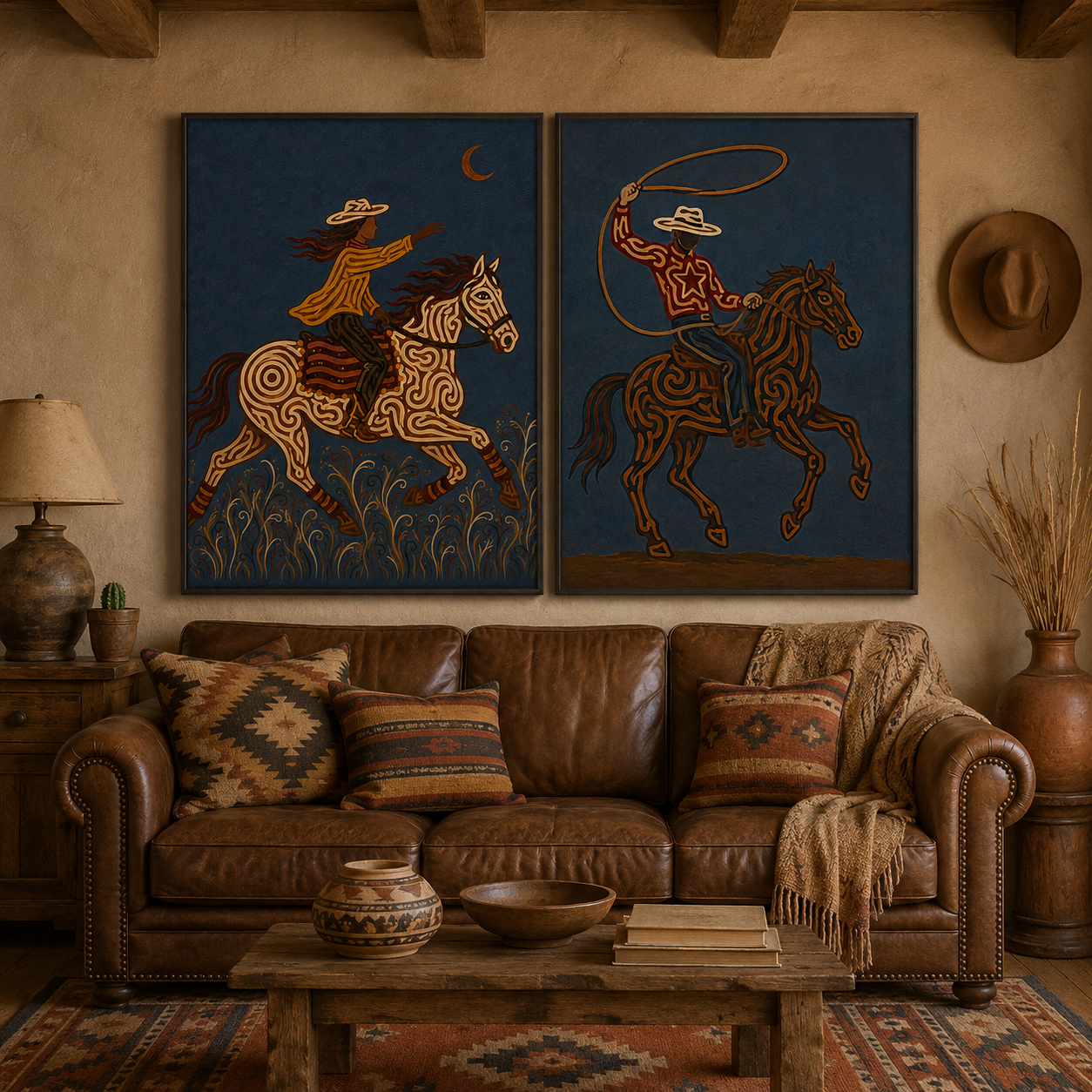 Moody Dark Blue Western Cowboy Wall Art Set Of 2, Vintage Equestrian Canvas Painting For Living Room