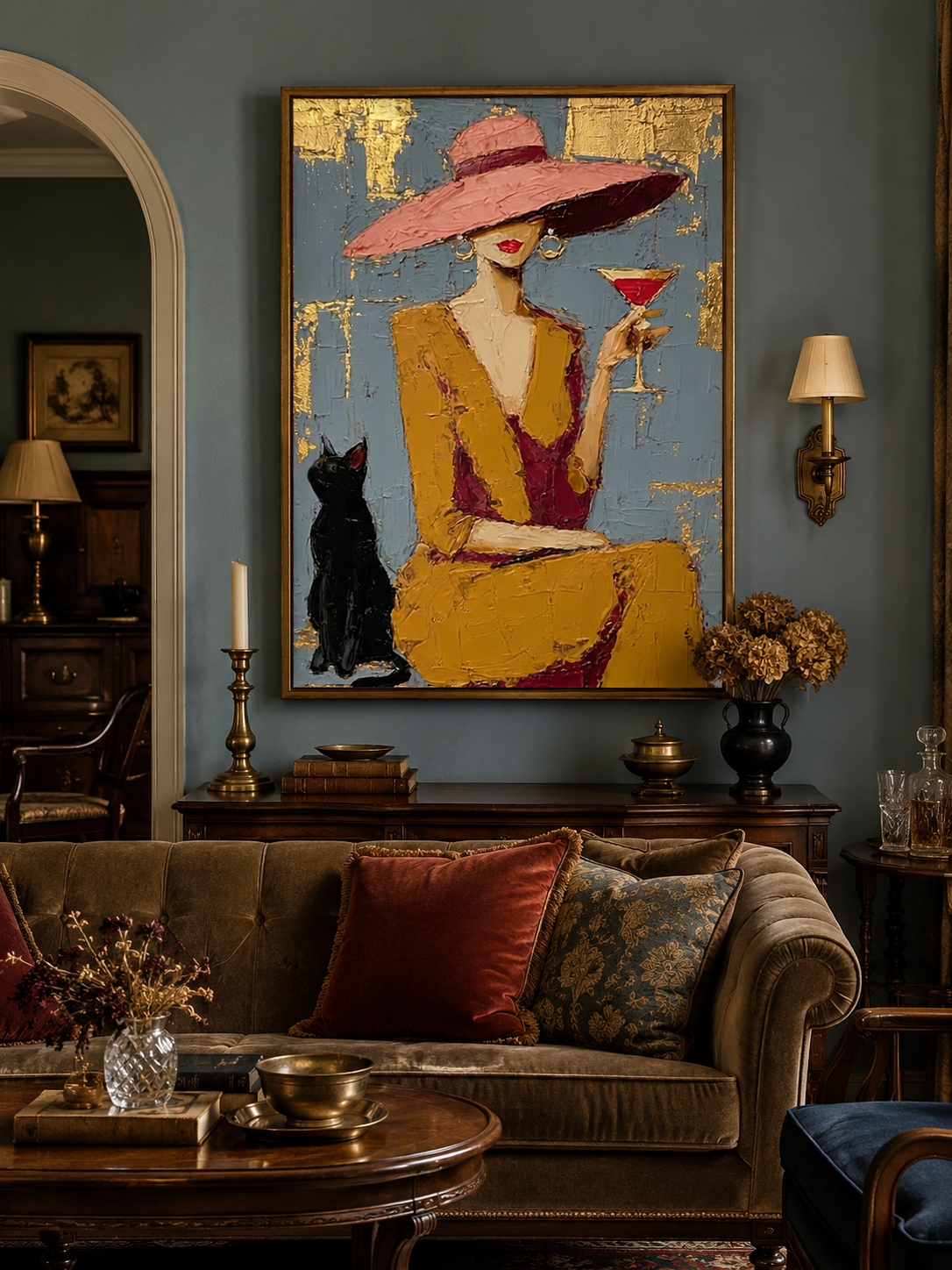 Elegant Lady With Black Cat Gold Foil Oil Painting For Bar Decor