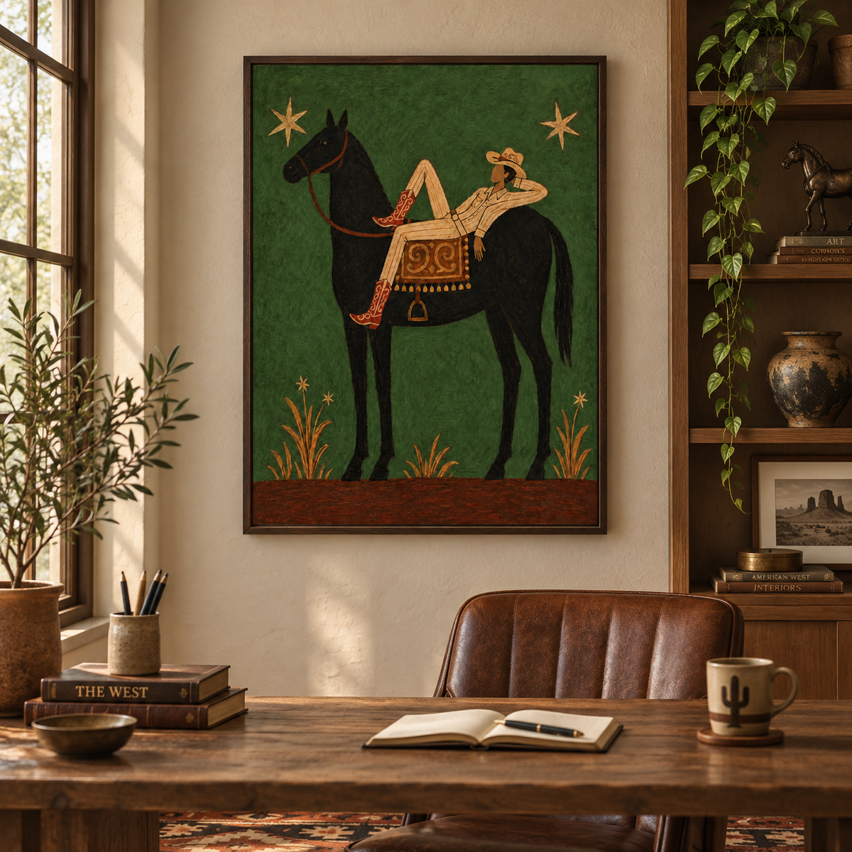 Relaxed Cowboy On Black Horse Canvas Art, Starry Night Western Wall Decor Green Background Fine Art