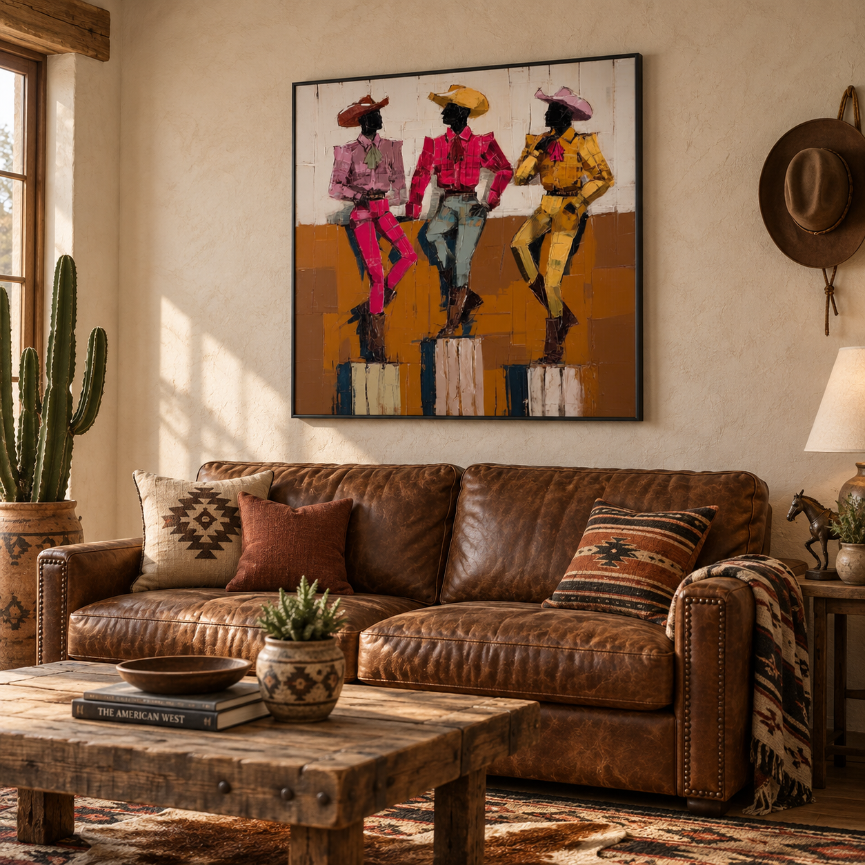 Hand-Painted Cowboy Group Canvas Art In Vintage Pink Yellow Blue Tones For Western Home Decor