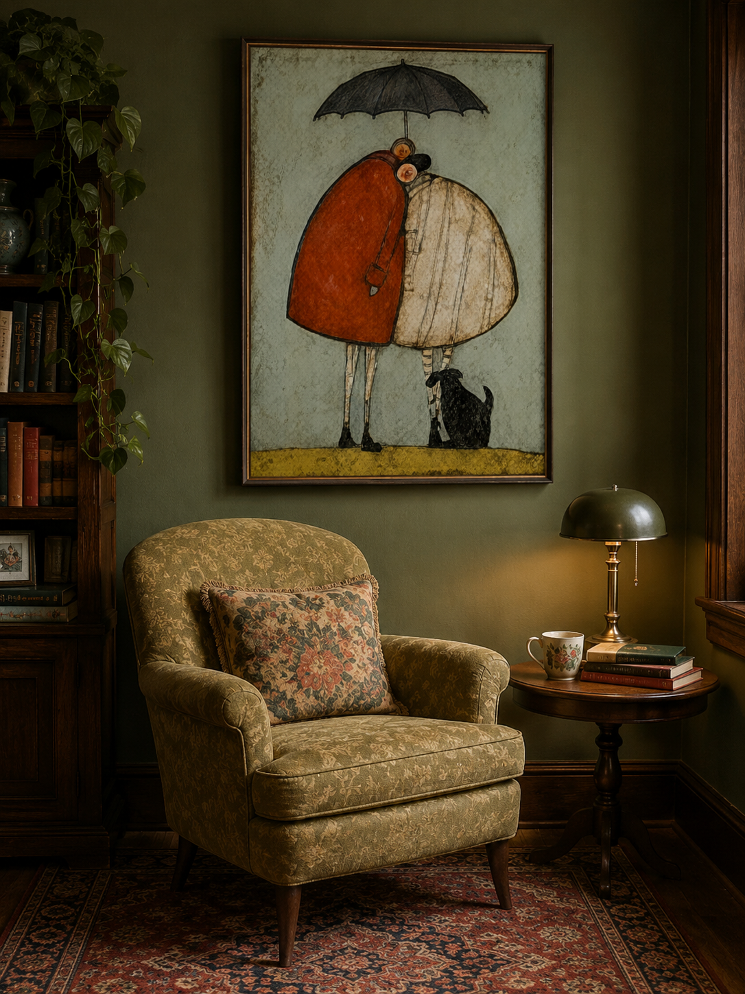 Fantasy Love Oil Painting Of Couple And Pet In Square Format For Eclectic Interior Design