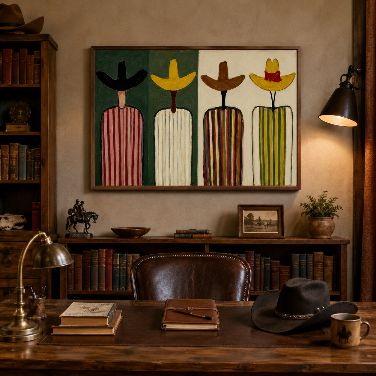 Retro Folk Art Painting Abstract Figures In Striped Hats For Modern Home Decor