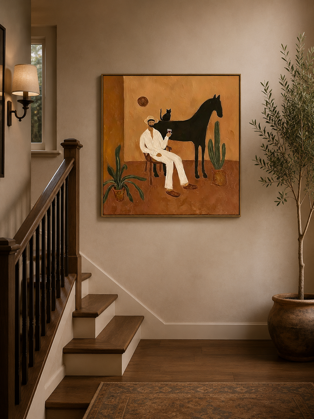 Elegant Man With Black Cat Painting For Mens Study Decor And Cat Lovers Gift