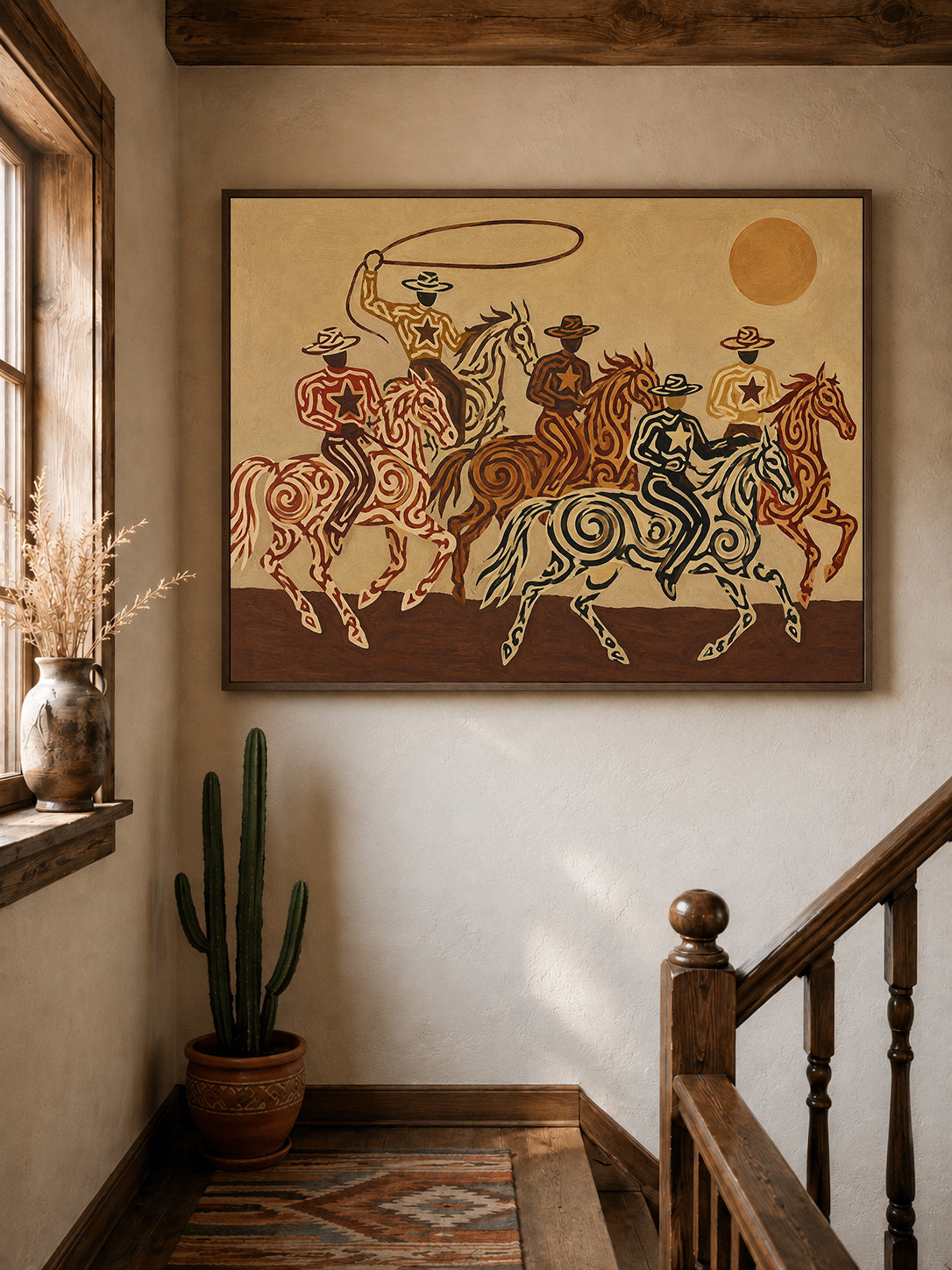 Cowboy And Horse Canvas Painting Hand-Painted Western Art In Brown Tones
