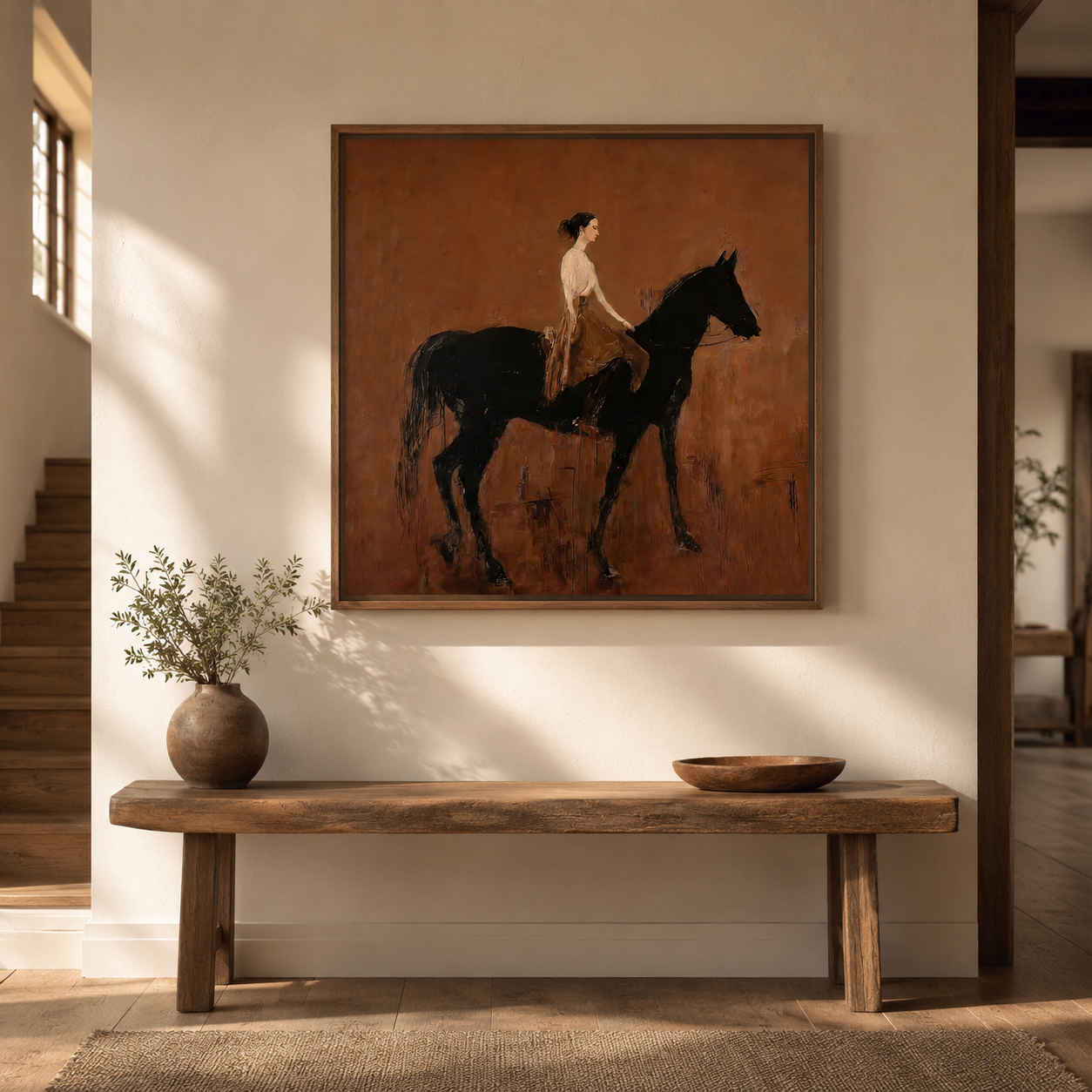Vintage Brown Horse And Rider Painting Original Oil On Linen Canvas For Classic Home Decor