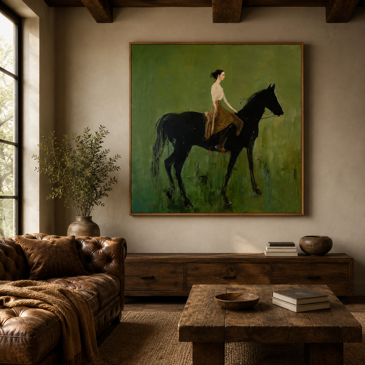 Elegant Woman Riding Black Horse Oil Painting On Linen Canvas With Olive Green Background