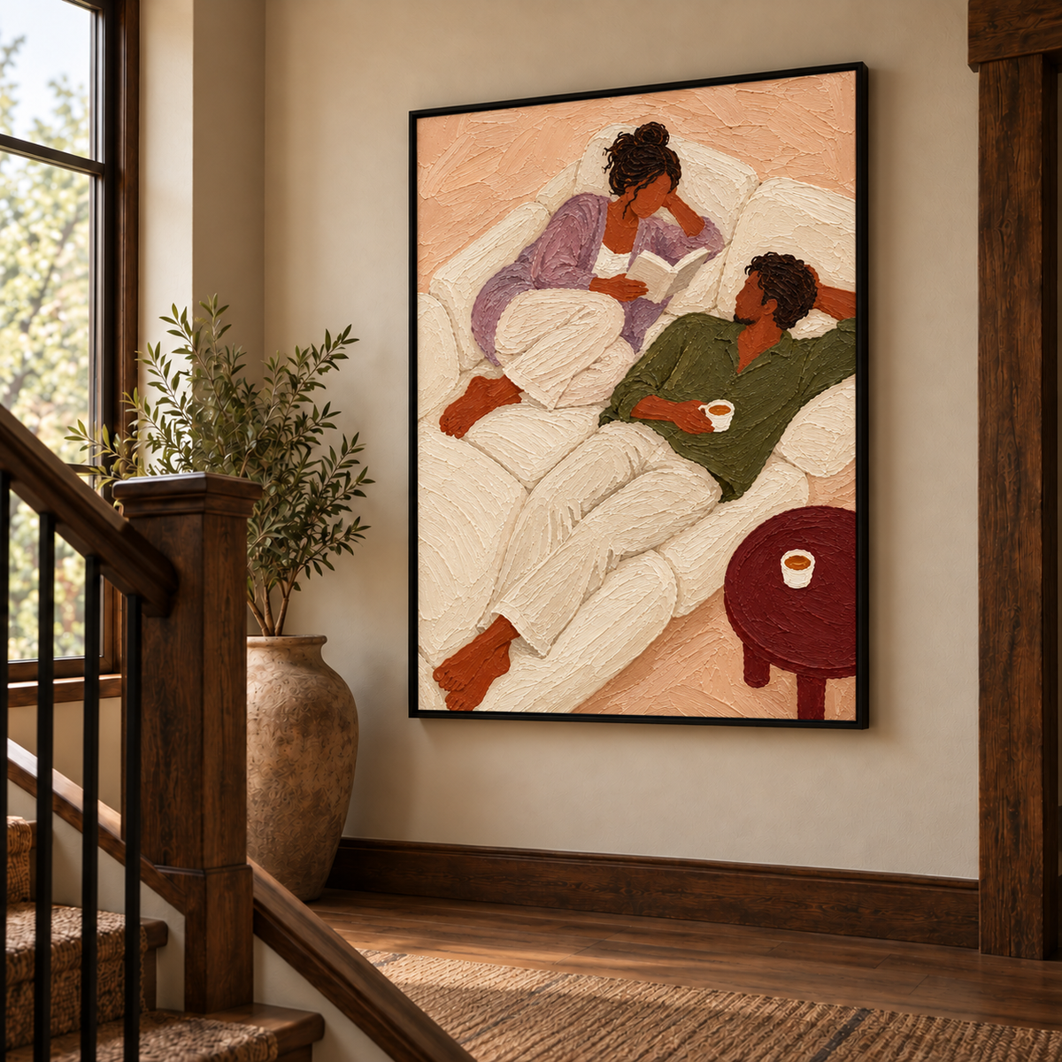 Cozy Couple Reading Painting Romantic Living Room Wall Art With Textured Couple Figure Painting