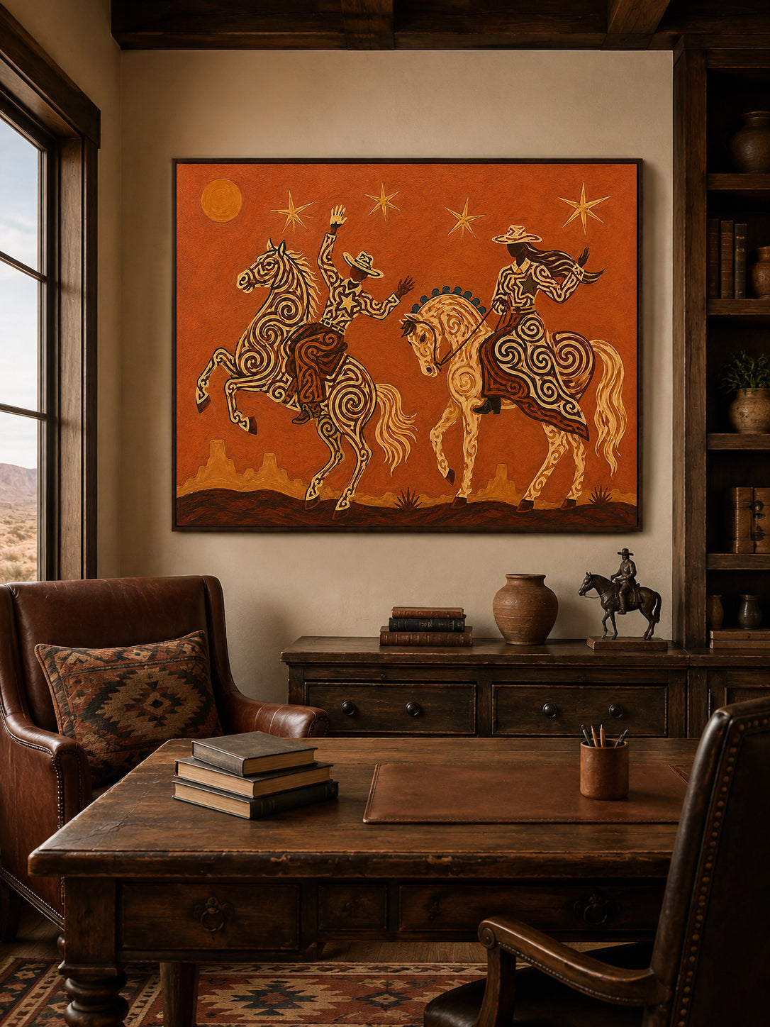 Cowboy Cowgirl Horse Painting, Orange Desert Western Folk Art, Southwestern Riders Decor