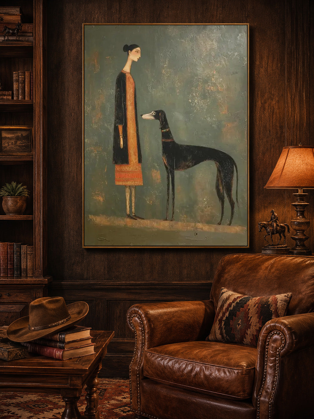 Vintage Woman And Dog Painting With Textured Sage Green Background For Living Room Decor