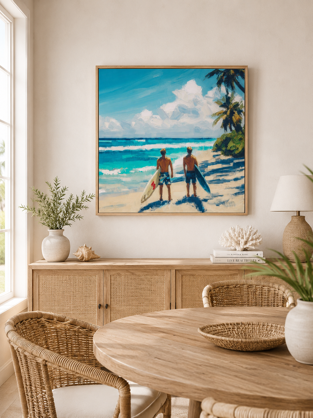 Vintage Tropical Surf Painting For Living Room With Textured Ocean Waves And Palm Trees