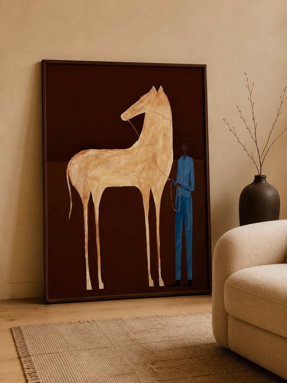 Vintage Horse Artwork Elongated Figure Painting Brown Beige Wall Decor