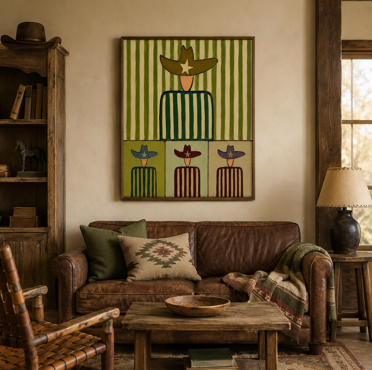 Mid Century Modern Abstract Cowboy Painting With Striped Patterns For Retro Home Decor