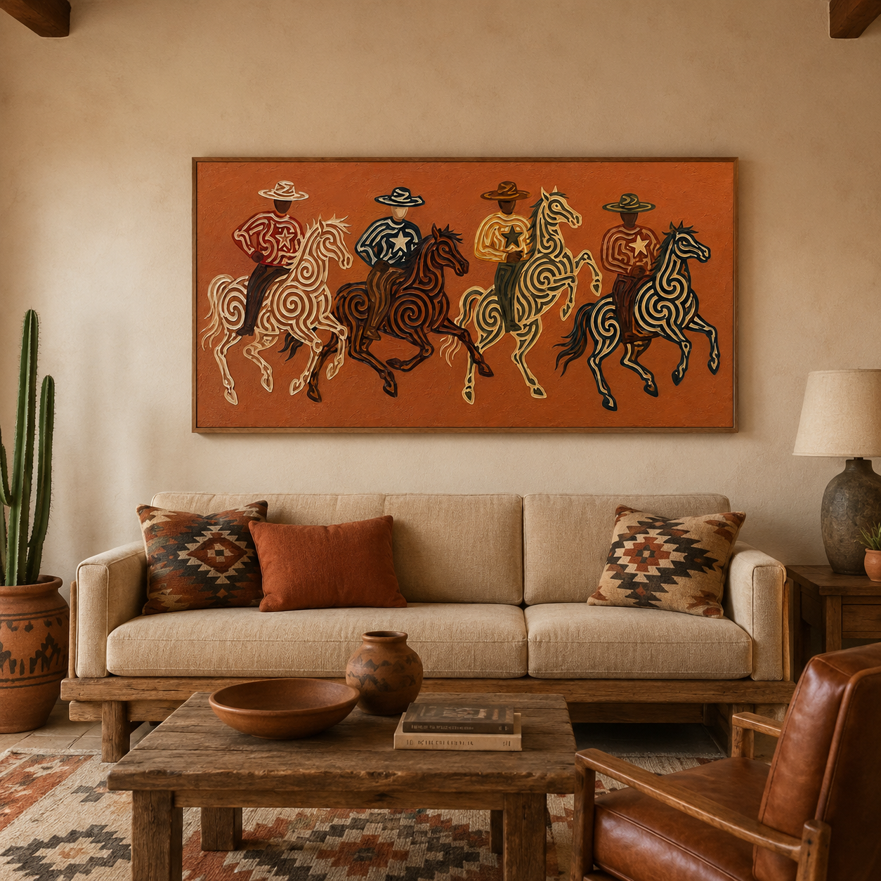 Panoramic Four Cowboy Riders Painting, Terracotta Western Horse Art, Southwestern Ranch Decor