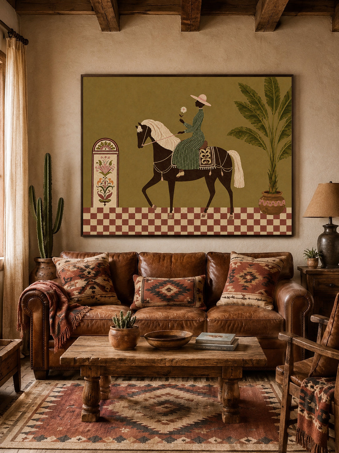 Tropical Equestrian Woman Painting, Vintage Resort Horse Art, Botanical Wall Decor