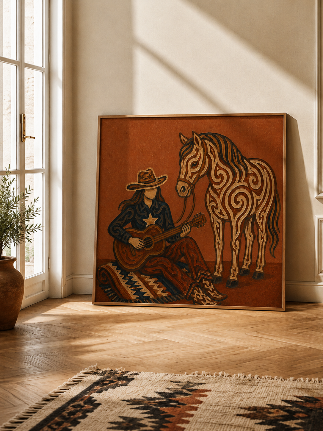Cowgirl With Horse Guitar Art, Western Music And Horse Painting, Rustic Ranch Style For Living Room Decor