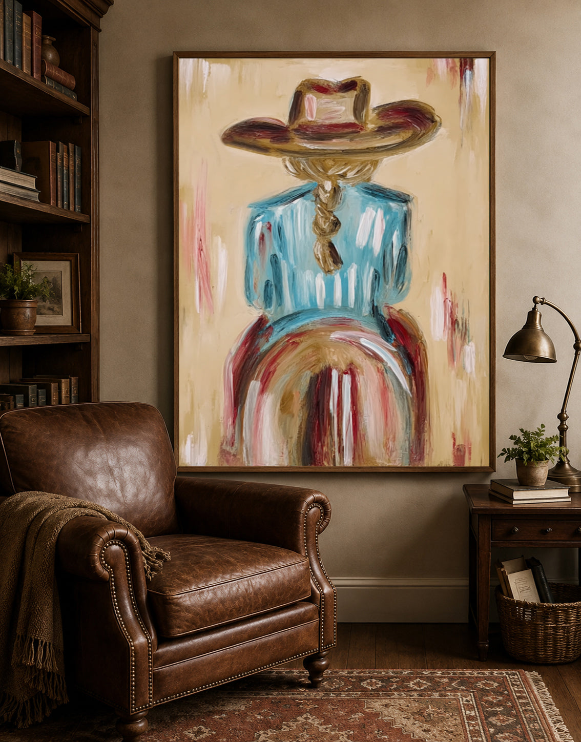 Ranch Style Wall Art For Living Room Blue Shirt Cowgirl Painting