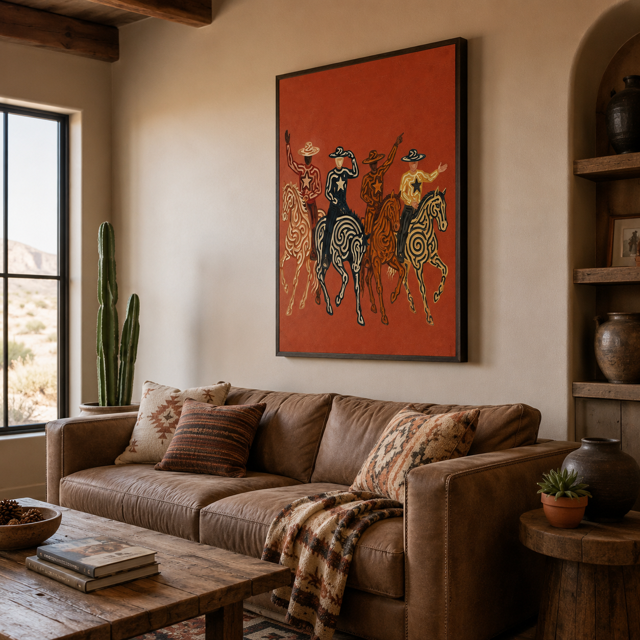 Four Cowboys Horse Painting, Colorful Western Riders, Terracotta Southwestern Wall Art