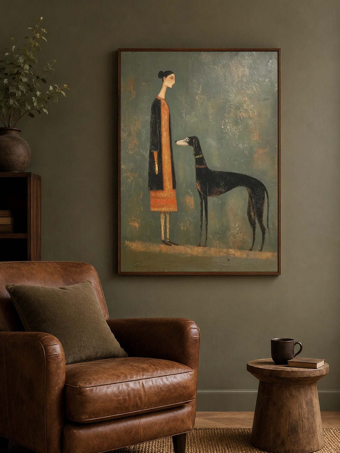 Vintage Woman And Dog Painting With Textured Sage Green Background For Living Room Decor