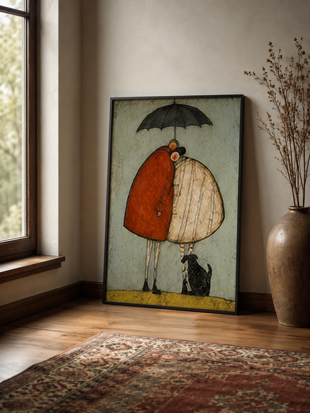 Fantasy Love Oil Painting Of Couple And Pet In Square Format For Eclectic Interior Design