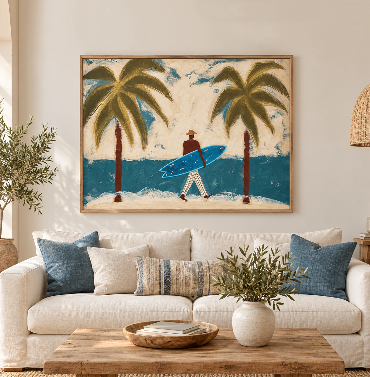 Surfer With Blue Board Vintage Beach Canvas Painting Hand-Painted Wall Art For Coastal Decor