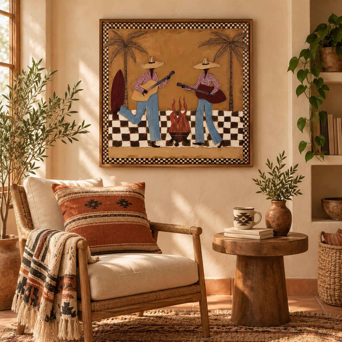 Retro Cowgirl Guitar Painting, Western Music Wall Art,checkerboard Western Art
