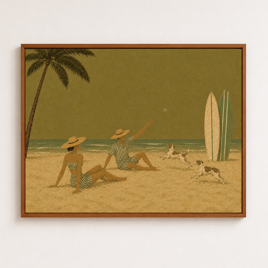 Surfboard Beach Art With Palm Tree And Dogs Vintage Style Original Canvas Painting For Coastal Or Vacation Home Walls