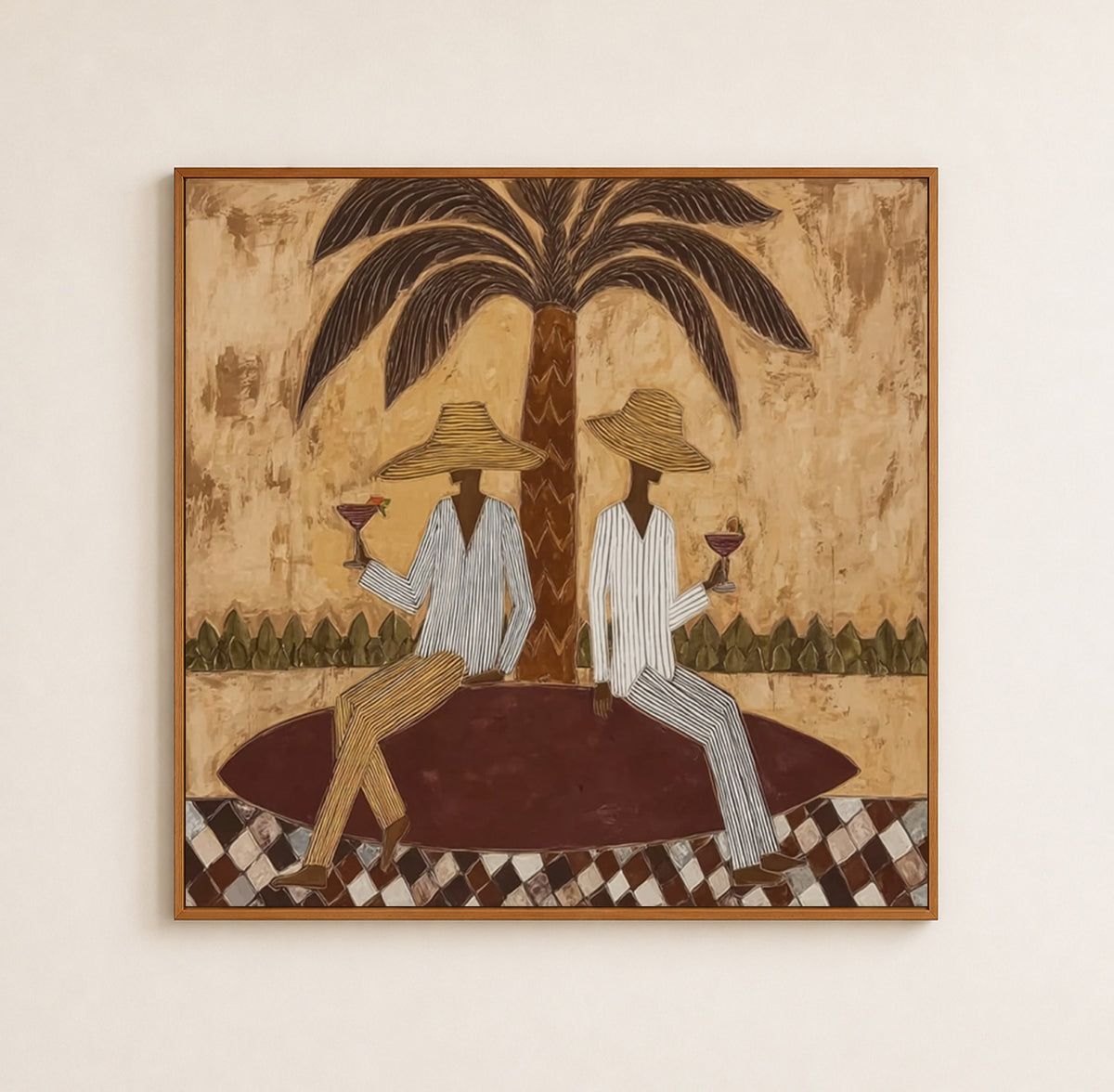 Retro Tropical Figurative Painting With Checkerboard Base Original Canvas