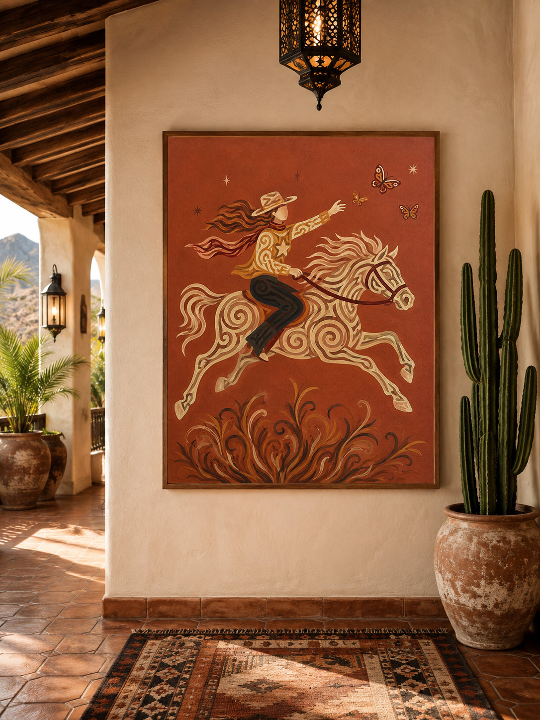 Cowgirl Riding Horse Canvas Painting Hand-Painted Western Art With Butterflies