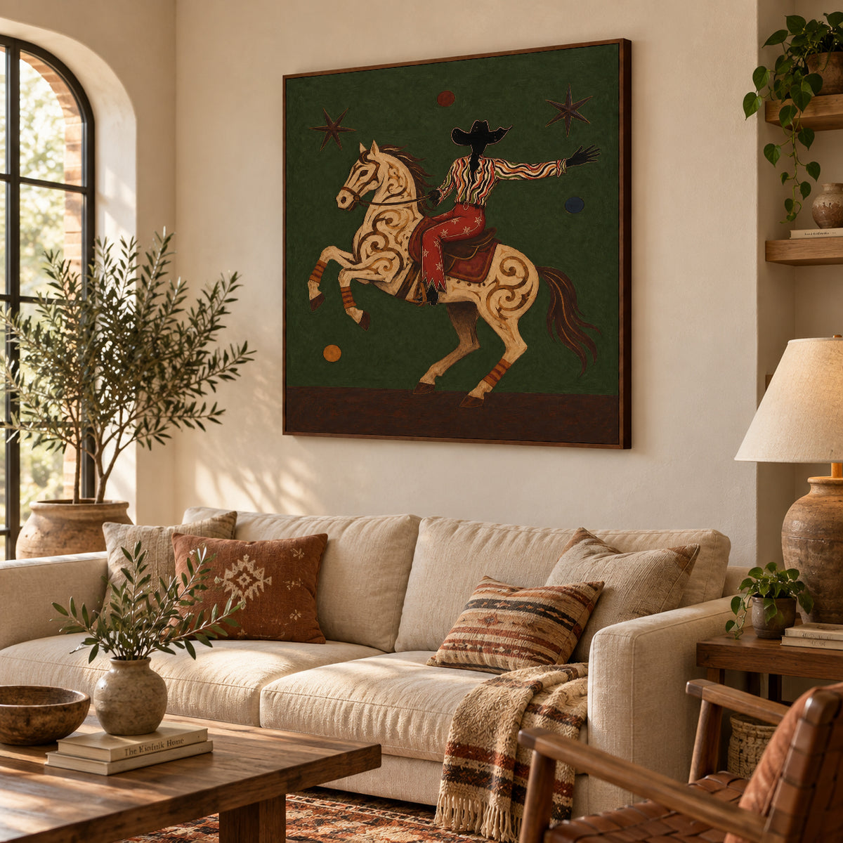 Cowboy And Horse Canvas Painting With Green Background Original Art