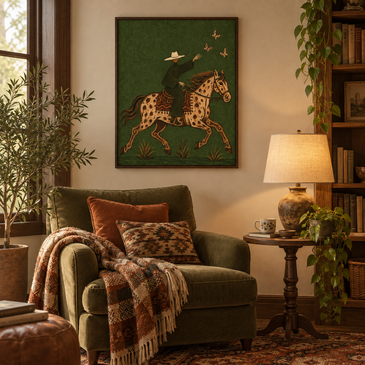 Cowboy And Spotted Horse Canvas Painting With Butterflies In Green