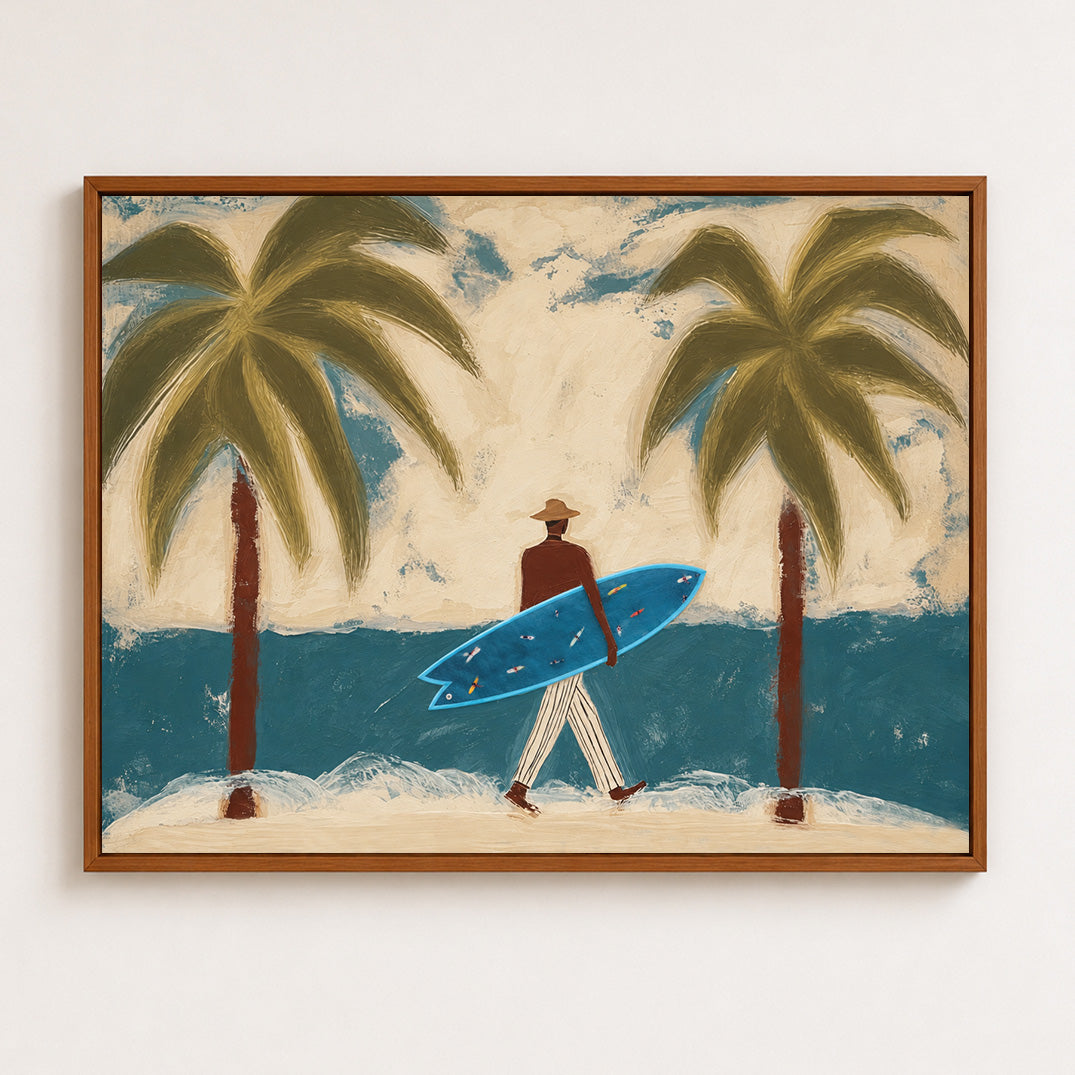 Surfer With Blue Board Vintage Beach Canvas Painting Hand-Painted Wall Art For Coastal Decor