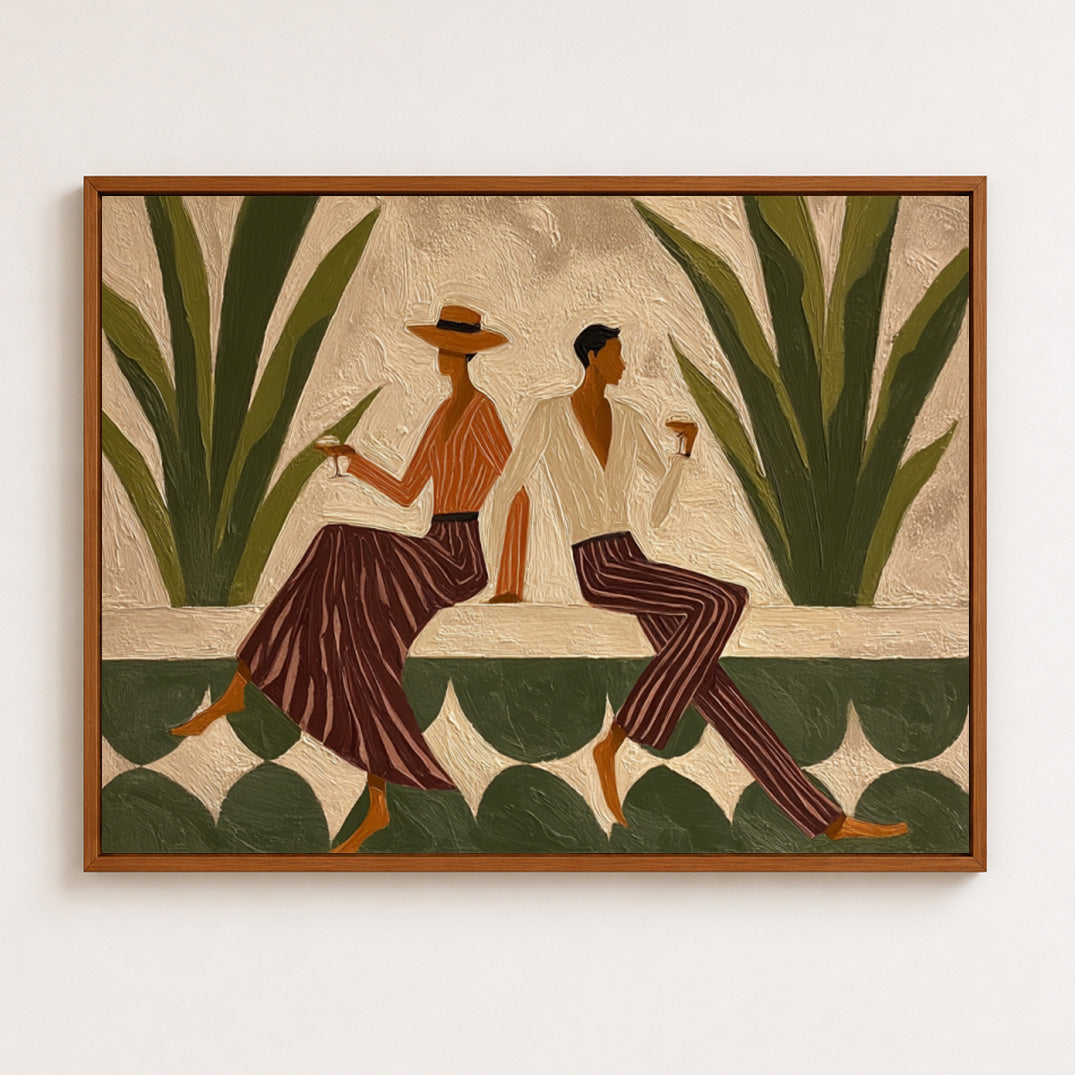 Vintage Figure Painting With Agave Plants Hand-Painted Canvas Art Olive Green Wall Art For Modern Living Room