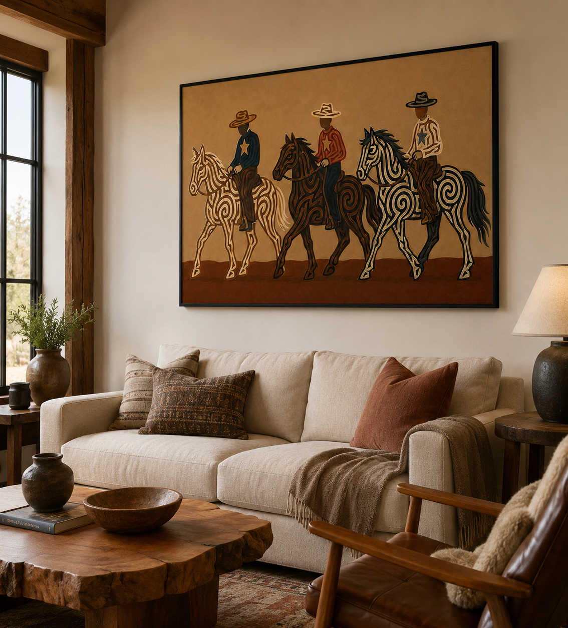 Three Cowboys Horse Painting, Western Ranch Riders, Earth Tone Southwestern Folk Art