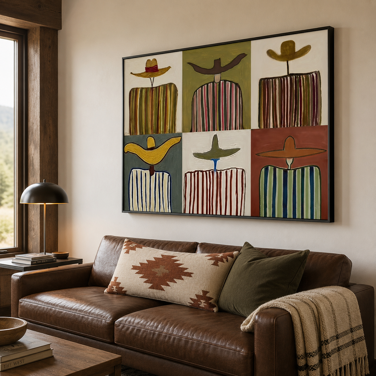 Retro Folk Art Painting With Striped Figures And Wide Brim Hats For Eclectic Home Decor