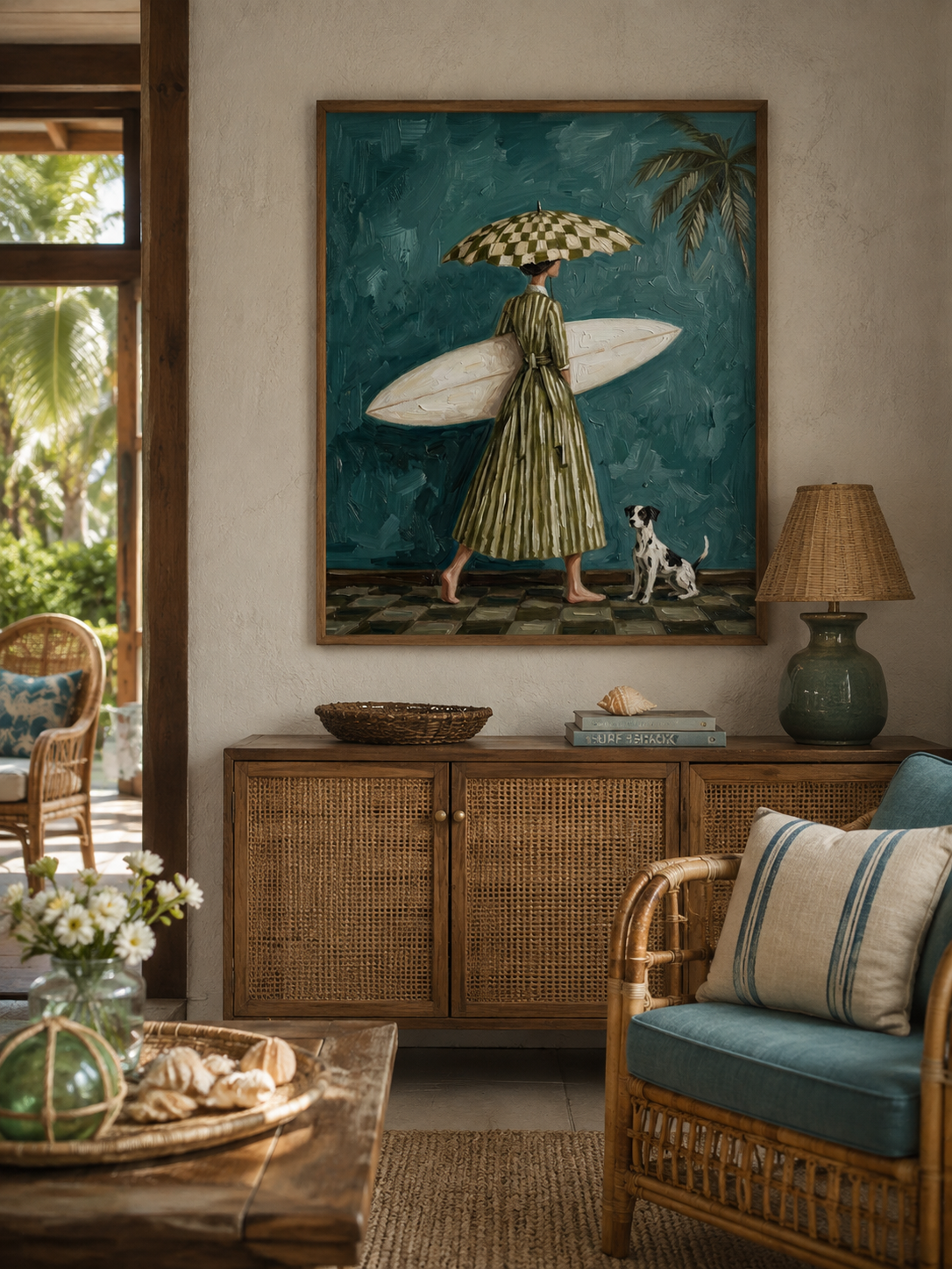 Vintage Surf Girl Oil Painting With Dog Textured Beach Wall Art For Living Room Decor