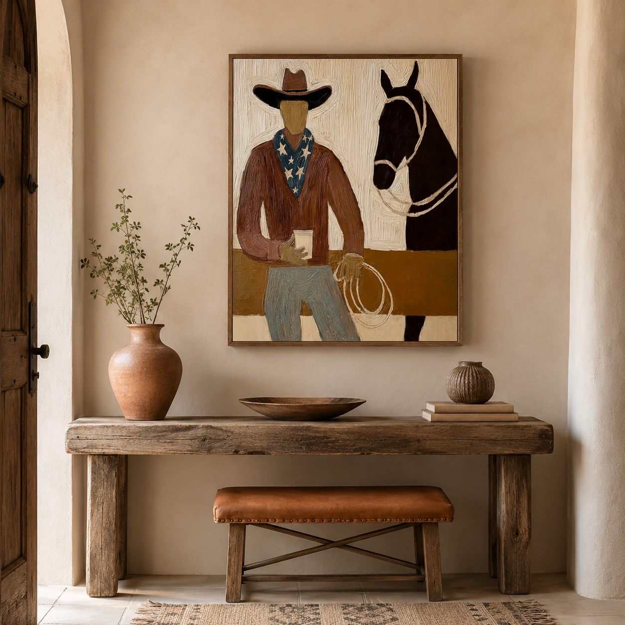 Warm Southwestern Cowboy And Horse Painting For Rustic Living Room Wall Art Decor